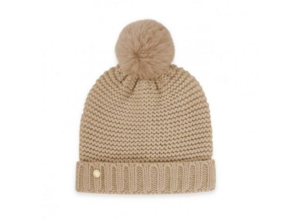 NWOT Katie Loxton Caramel Chunky Knit Pom-Pom Beanie Hat Winter Snow Cap Women's